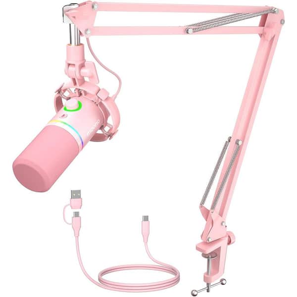 Dynamic Microphone Kit with Software, Mute, Gain Knob, Volume Control and Boom Arm for Streaming, Voice-Over in Pink