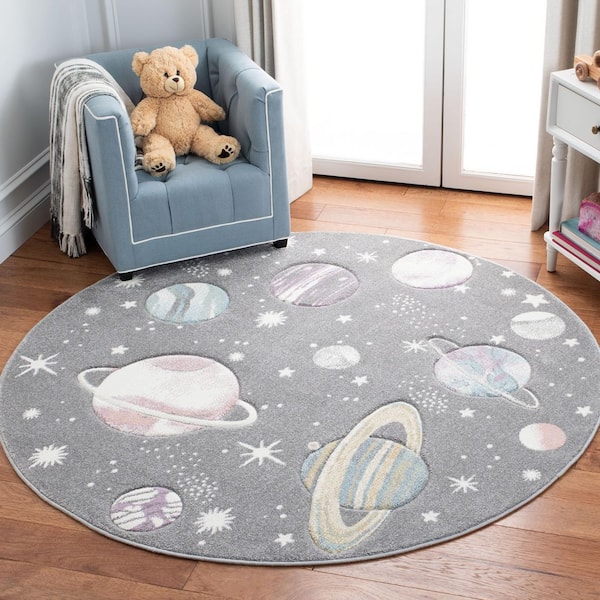 Carousel Kids Gray/Lavender 7 ft. x 7 ft. Galaxy Round Area Rug
