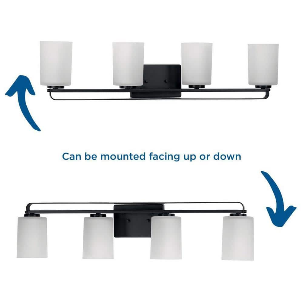 Matte Black Steel Four-Light Bath Vanity Light with Etched Glass Shades