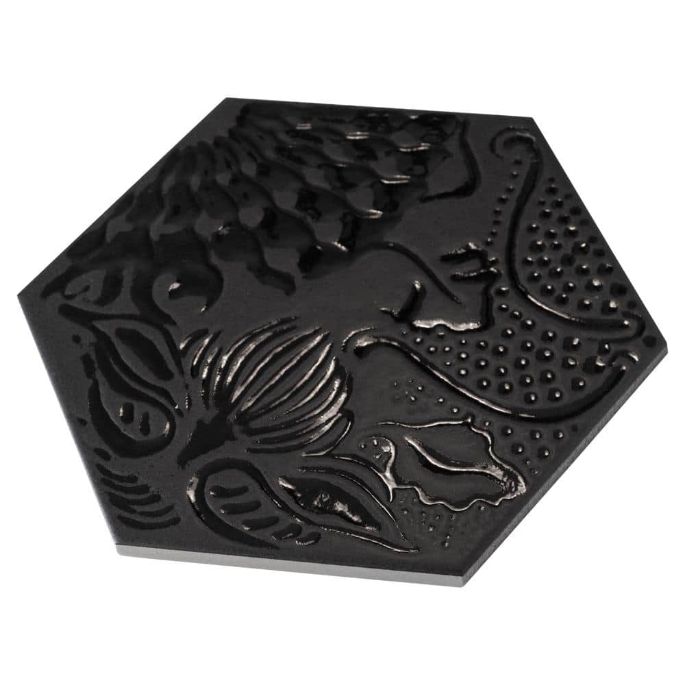 Merola Tile Gaudi Lux Hex Black 8-5/8 in. x 9-7/8 in. Porcelain