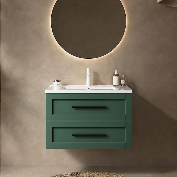 30 in. Single Sink Floating Green Bath Vanity with White Ceramic Top with 2-Drawers
