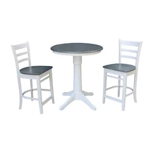 Olivia 3-Piece 30 in. White/Heather Gray Round Solid Wood Counter Height Dining Set with Emily Stools