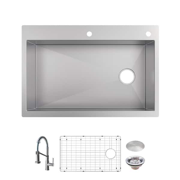 Professional Zero Radius 33 in. Drop-In Single Bowl 16 Gauge Stainless Steel Kitchen Sink with Spring Neck Faucet