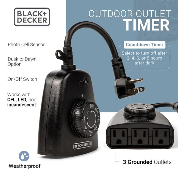BLACK+DECKER Outdoor Timer with 3 Grounded Outlets - Waterproof