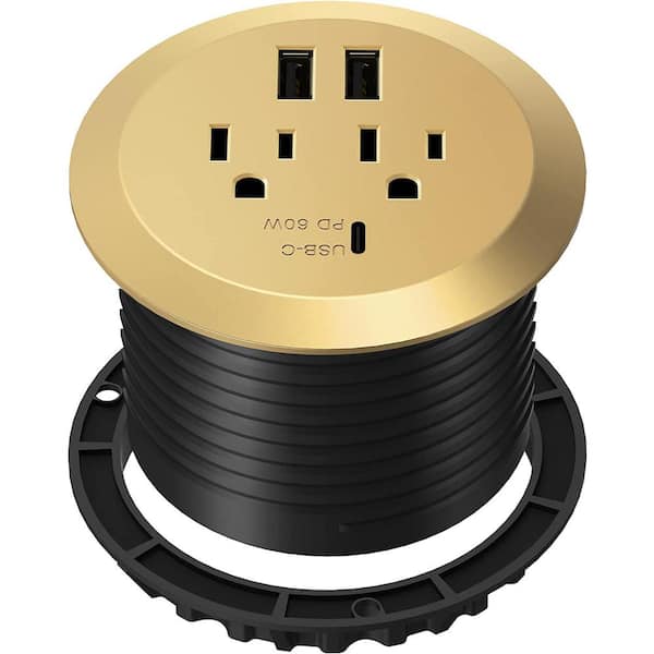 12 Amp 2-Outlets Desktop Grommet, 60-Watt Power Delivery Type C Port, 3-USB Charging Ports, Gold