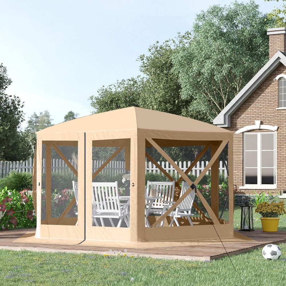 12 ft. x 12 ft. Beige Hexagon Screen House, Pop Up Tent Portable