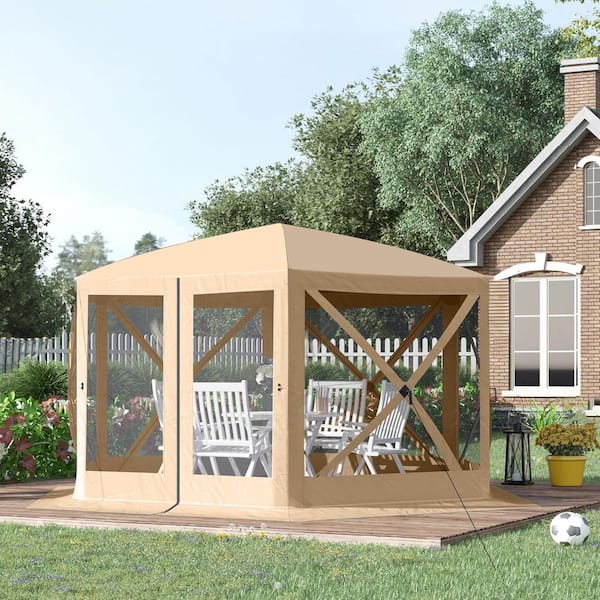 12 ft. x 12 ft. Beige Hexagon Screen House, Pop Up Tent Portable Gazebo Canopy Shelter, Carry Bag and Shaded Interior