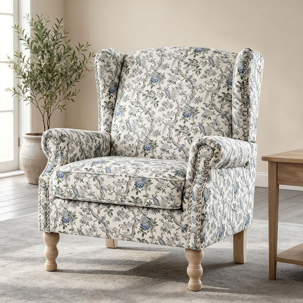 OrangeOne Blue Floral Bird Print Linen Wingback Chair (Set of 1