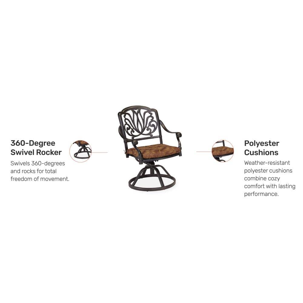 Capri Charcoal Cast Aluminum Swivel Rocking Dining Chair with Burnt Orange Cushions