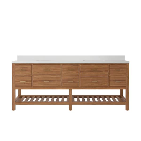 Willow Collections Parker Teak 84 in. W x 22 in. D x 36 in. H Double Sink Bath Vanity in Golden Teak with 2 in. White Quartz Regular Top