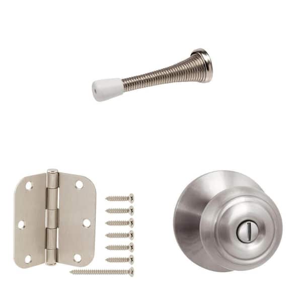 Satin Nickel Spring Door Stop (5-Pack), 3-1/2 in. Squeak-Free Door Hinge (12-Pack) and Hartford Bed/Bath Door Knob