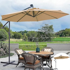 10 ft. Steel Pole Patio Cantilever Solar Umbrella with 32-LED Lights in Brown