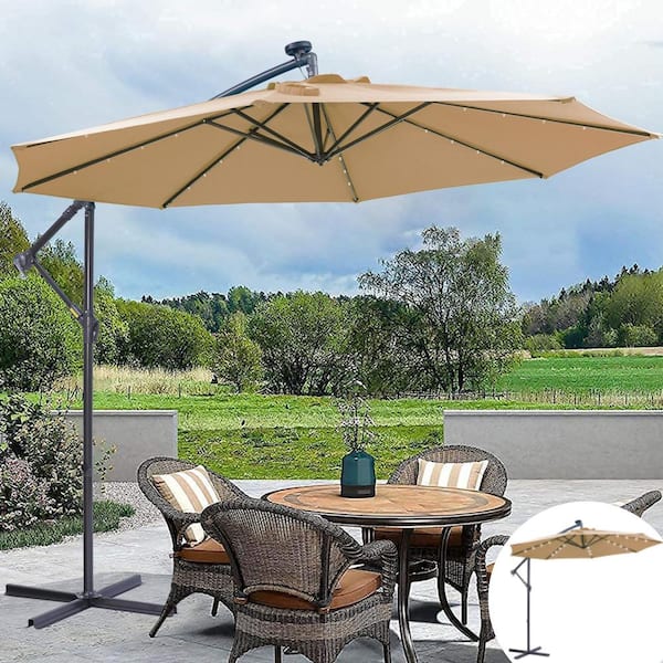 ToolCat 10 ft. Steel Pole Patio Cantilever Solar Umbrella with 32-LED Lights in Brown
