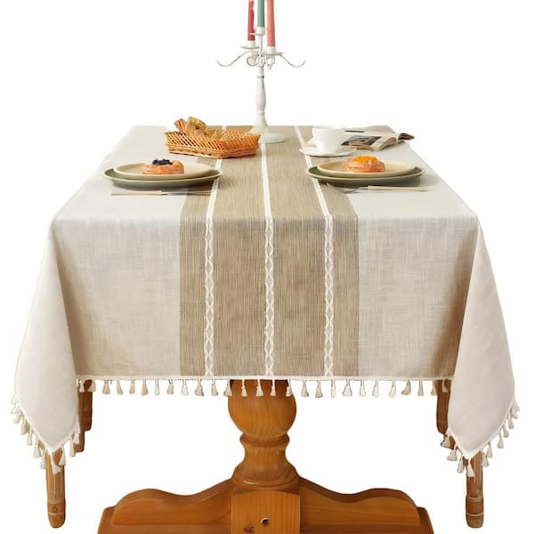 55 in. x 102 in. Coffee Rustic Cotton Linen Table Cloth, Waterproof Washable Tablecloth with Tassel for Rectangle Table