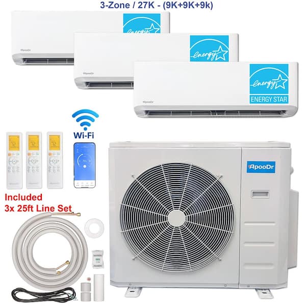 3-Zone ENERGY STAR Wi-Fi 27K BTU 230V 21 SEER2 Mini Split AC with Heat Pump + 9K + 9K + 9K BTU Heads, 25 ft. Lineset x 3