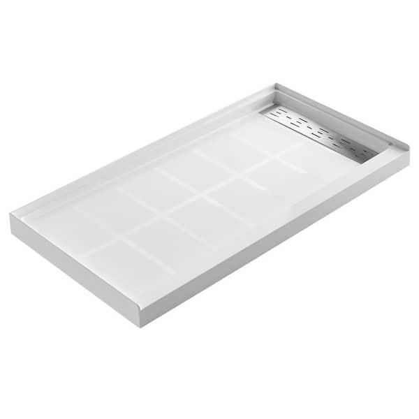MEDUNJESS 60 in. L x 30 in. W Single Threshold Alcove Shower Pan Base in White with Right Drain and Stainless Steel Cover