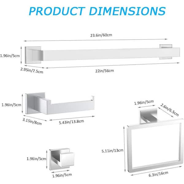 5-Piece Modern Simple Series Wall-Mounted Bathroom Hardware Set, Towel Bar for Bathroom 23.6 in. Towel Bar in Silver