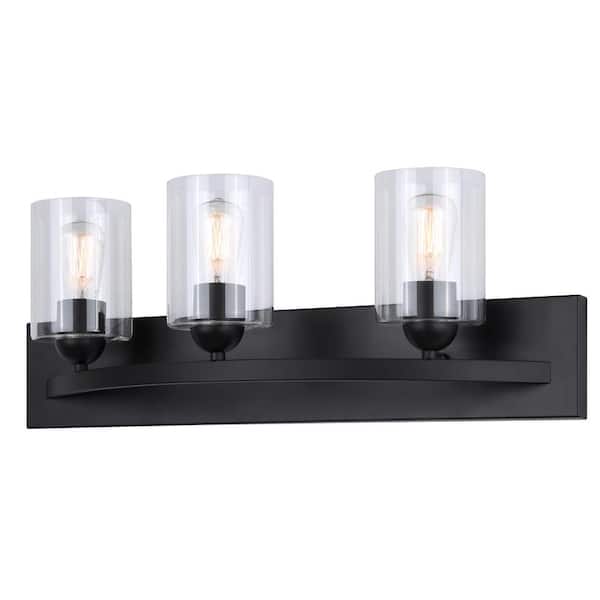 CANARM Hampton 24 in. 3-Light Matte Black Vanity Light with Clear Glass Shade