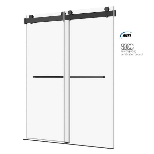 Logmey 72 in. W x 76 in. H Soft Close Sliding Frameless Shower Door in Matte Black Finish with 3/8 in. Clear Glass