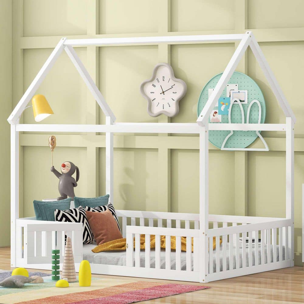 White Wood Frame Full Size Platform Bed with Fence and Door price history on PriceWatchPro