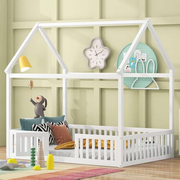 White Wood Frame Full Size Platform Bed with Fence and Door