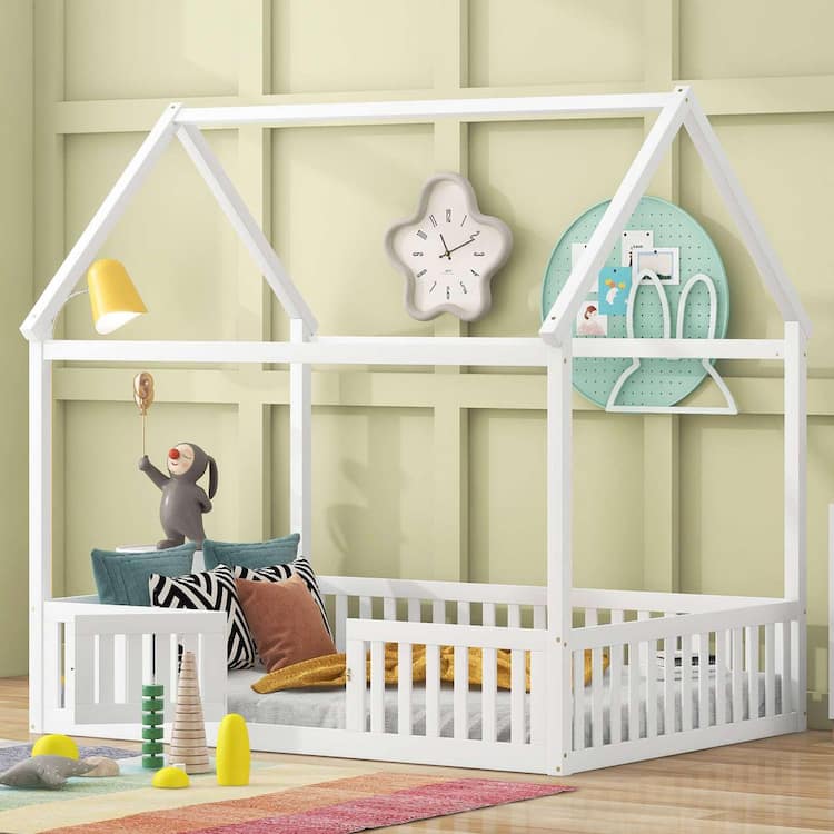 Polibi White Wood Frame Full Size Platform Bed with Fence and Door