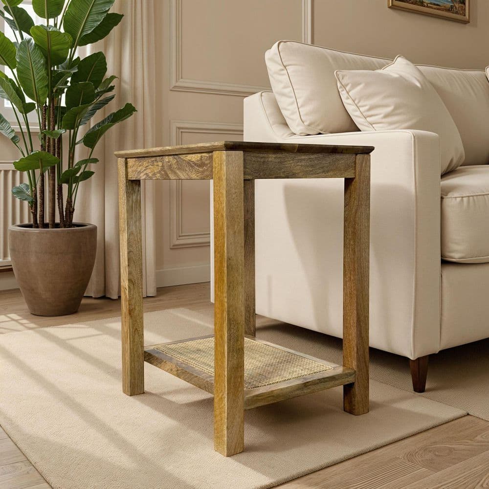 Haven 18 in. Blonde Acacia Rectangular Wood End Table with Cane Shelf
