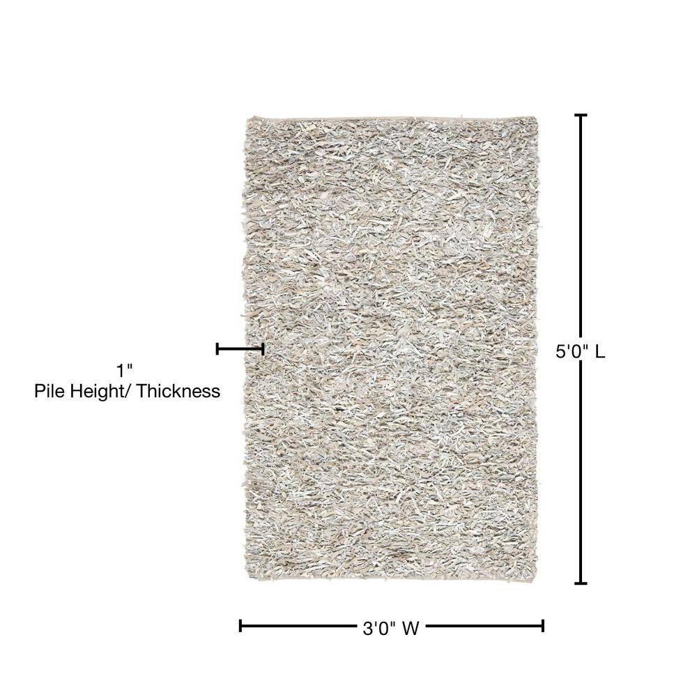 White Hand-Knotted Leather Shag Area Rug, 3' x 5'