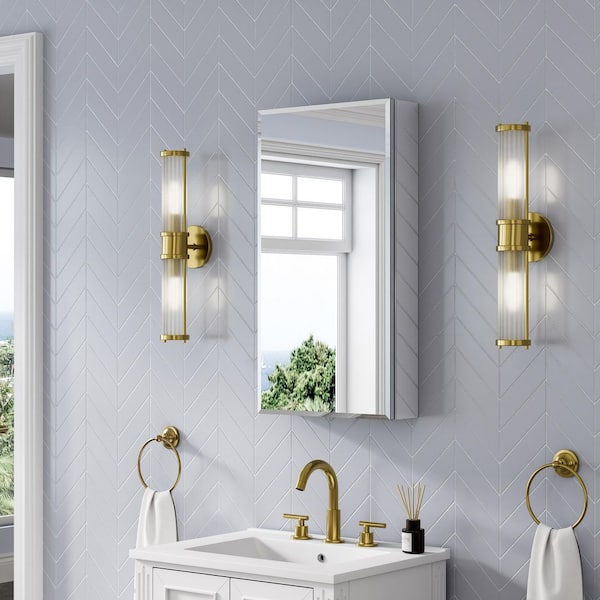 16 in. W x 30 in. H Rectangular Bevel Medicine Cabinet with Mirror in Silver with Adjustable Shelves, Soft-Close