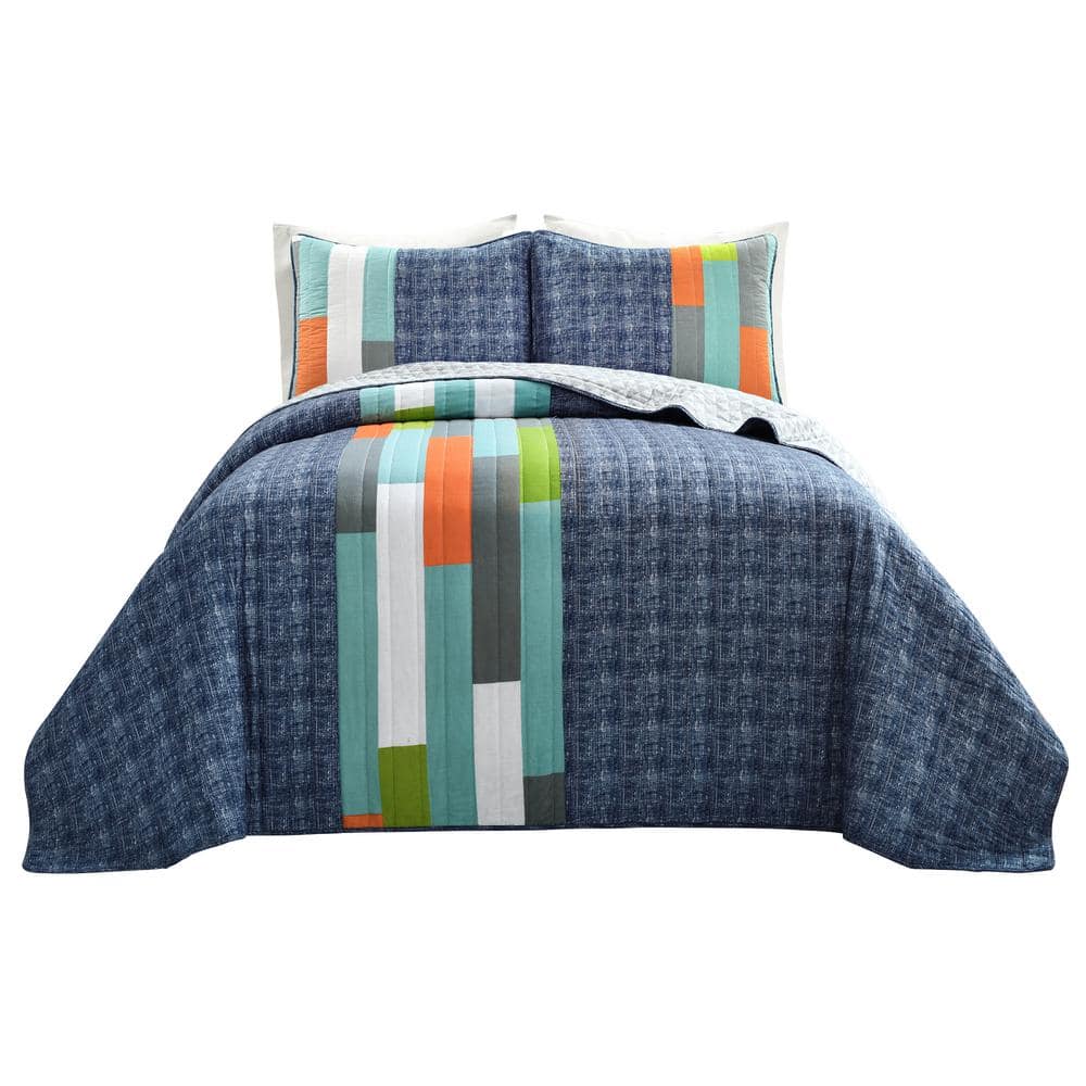 Shelly Stripe Navy/Orange Quilt Full/Queen Set (3-Piece) 16T005437 - The  Home Depot