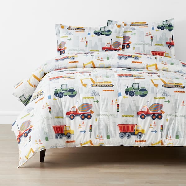 The Company Store Company Kids Construction Trucks White Multi Organic Cotton Percale Full/Queen Comforter Set
