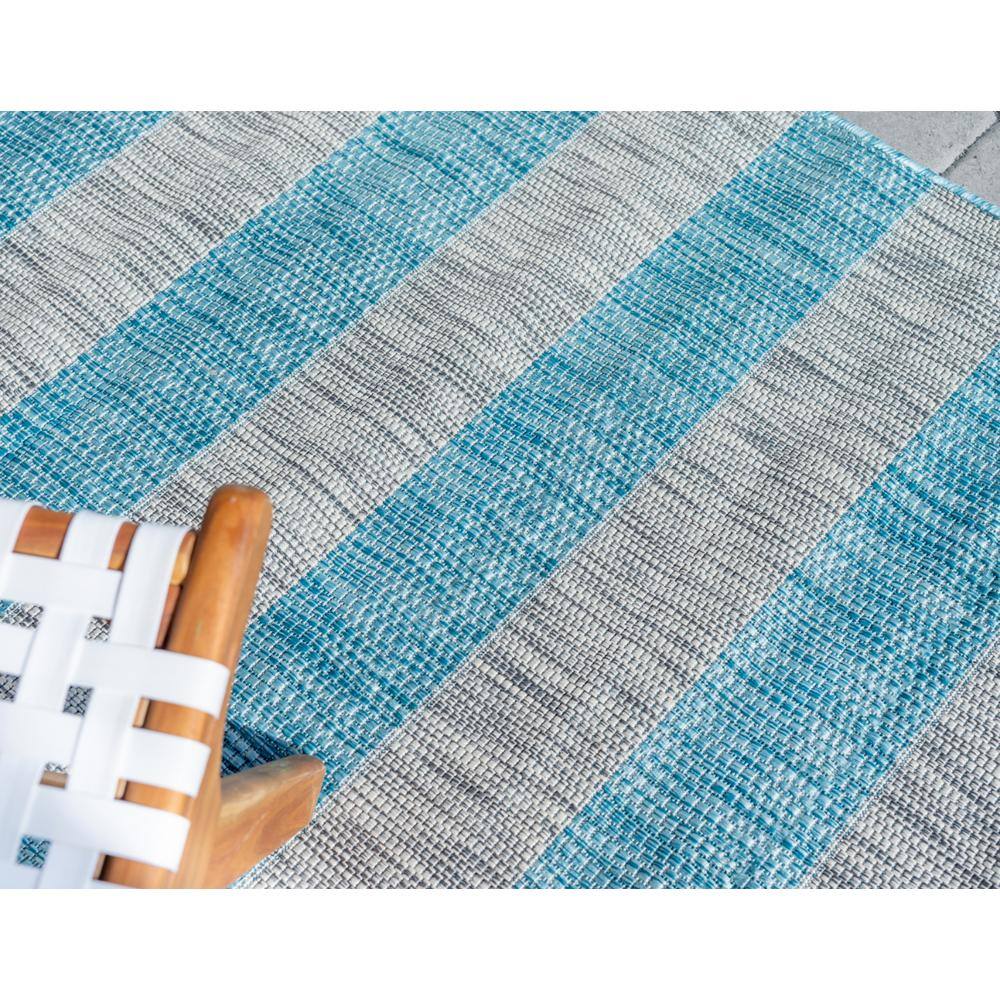Aqua Blue and Ivory Stripe 6' x 9' Easy-Care Outdoor Rug