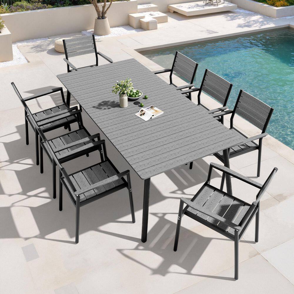 9-Piece Aluminum Outdoor Dining Set in Dark Gray with Stackable Arm Chairs and Wood-like Top, Umbrella Hole price history on PriceWatchPro