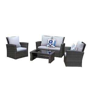 4-Piece Black Wicker Patio Conversation Set with Gray Cushions