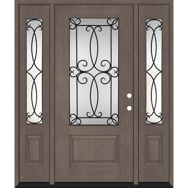 Regency 68 in. x 80 in. 3/4Lite Georgian Decorative Glass LHIS Ashwood Mahogany Fiberglass Prehung Front Door w/14in.SLs