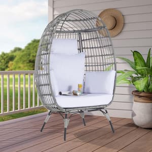 Oversized Outdoor Gray Rattan Egg Chair Patio Chaise Lounge Indoor Living Room Basket Chair with White Cushion