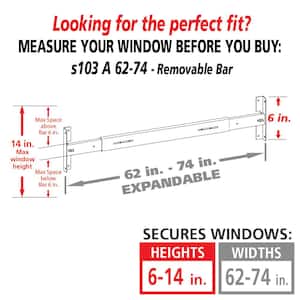 Removable 62 in. to 74 in. W x 6 in. H Adjustable Width 1-Bar Window Guard, White