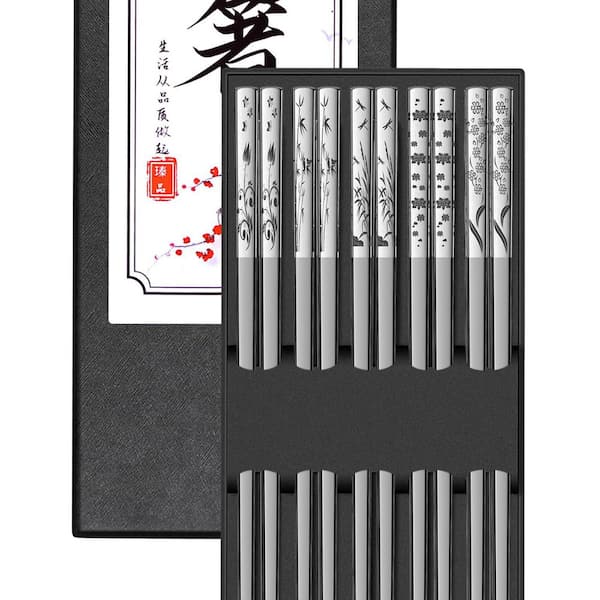 5 Pairs Reusable 18/8 Stainless Steel Chopstick, Beautiful Engraving Patterns, Dishwasher Safe, Non-Slip