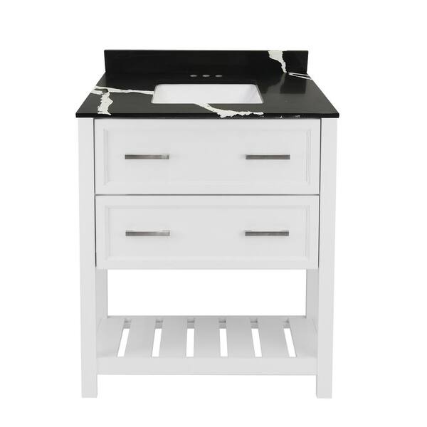 Amluxx Milan 25 in. W x 19 in. D Bath Vanity in White with Quartz Stone Vanity Top in Calacatta Black with White Basin
