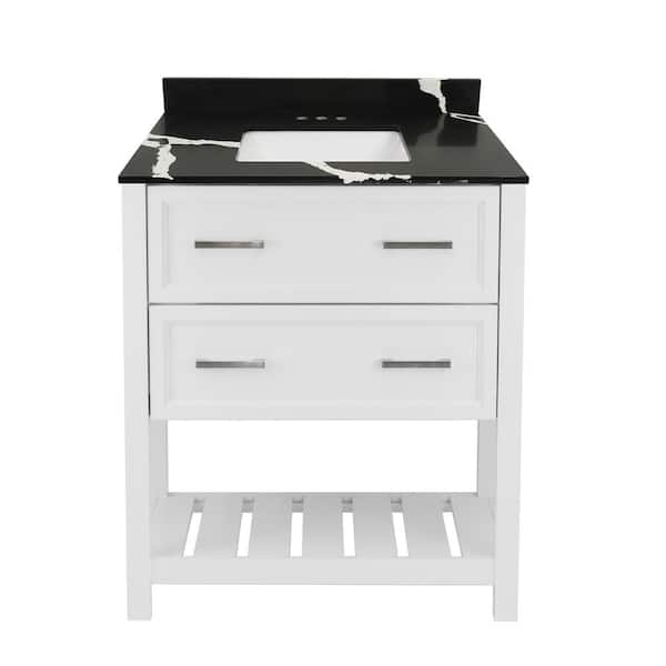 Amluxx Milan 31 in. W x 22 in. D Bath Vanity in White with Quartz Stone Vanity Top in Calacatta Black with White Basin