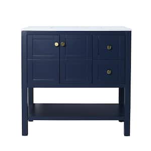 35.63 in. W x 18.13 in. D x 35.13 in . H Freestanding Bath Vanity in Navy Blue with White Resin Top