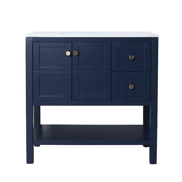Unbranded 35.63 in. W x 18.13 in. D x 35.13 in . H Freestanding Bath Vanity in Navy Blue with White Resin Top