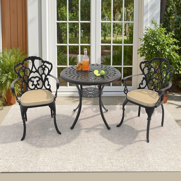 Lily Black 3-Piece Cast Aluminum Outdoor Dining Set with Round Table and Dining Chairs with Off-white Cushion