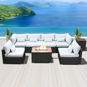 7-Piece Wicker Patio Conversation Set with Gas Fire Pit Table and White Cushions