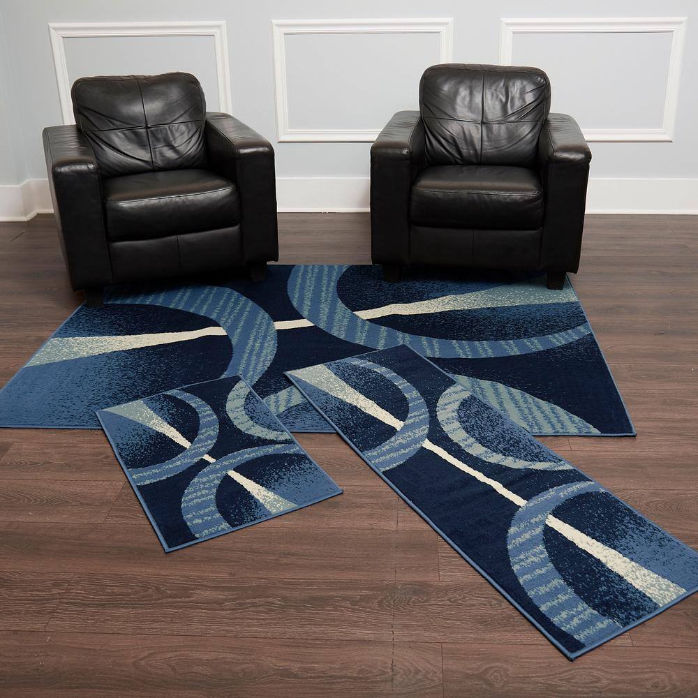 Navy Blue Abstract Geometric 3-Piece Synthetic Area Rug Set