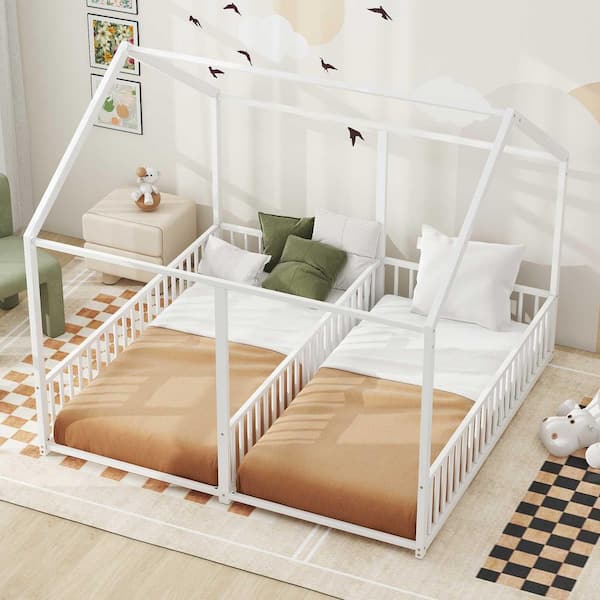 Metal Frame Twin Size House Platform Beds, Two Shared Beds, White