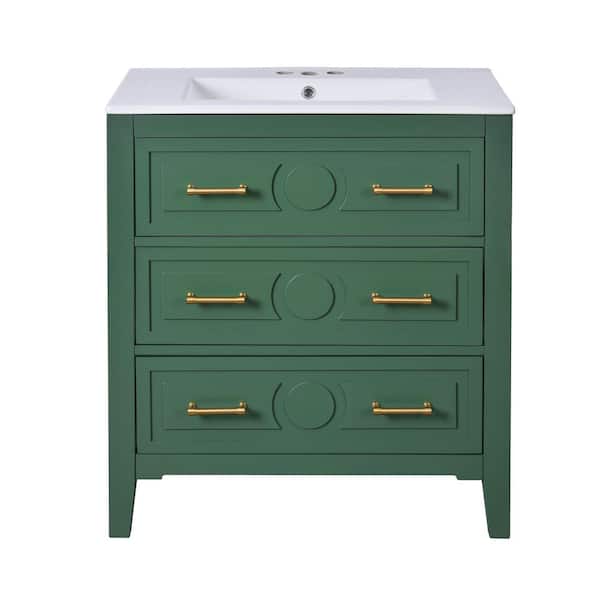 30 in. Green Ceramic Console Sink in Solid Wood with 3-Drawers Bathroom Vanity Combo