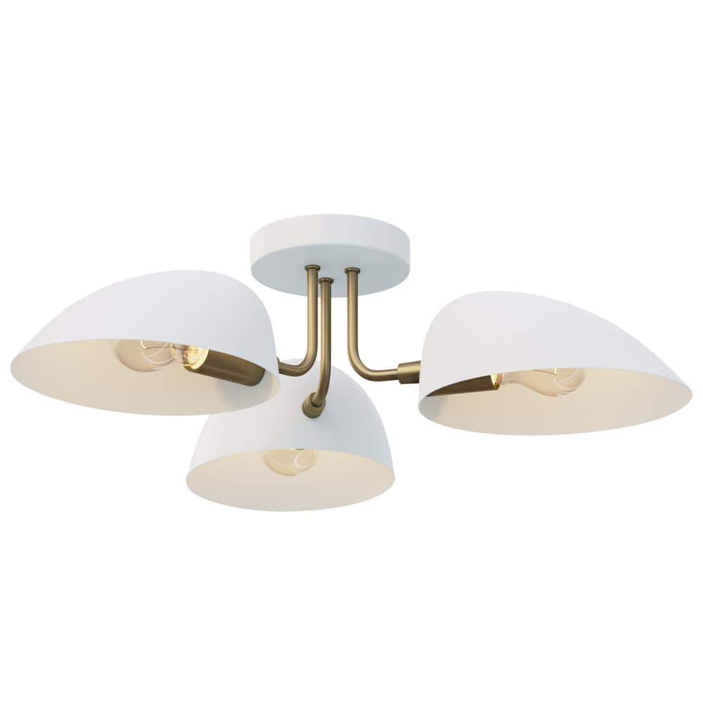 White and Brass 3-Light Semi Flush Ceiling Mount Fixture