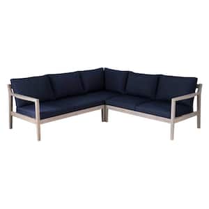 Tryton Natural Brown Wood Outdoor Sectional with Olefin Midnight Navy Blue Cushions