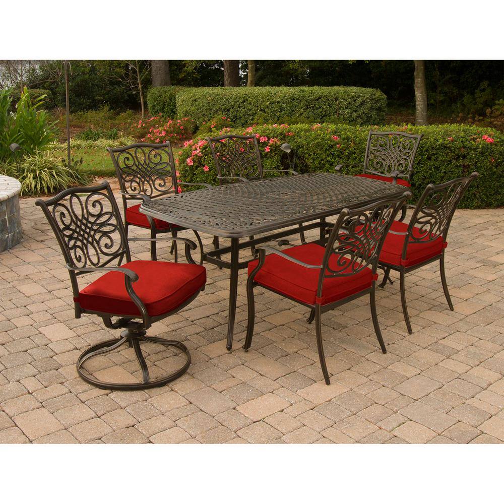Hanover Bronze 7-Piece Outdoor Dining Set with Red Cushions